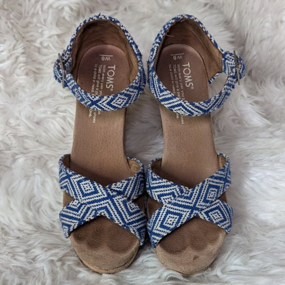 TOMS Blue and White Cork Wedge Ankle Strap Sandal Size 6